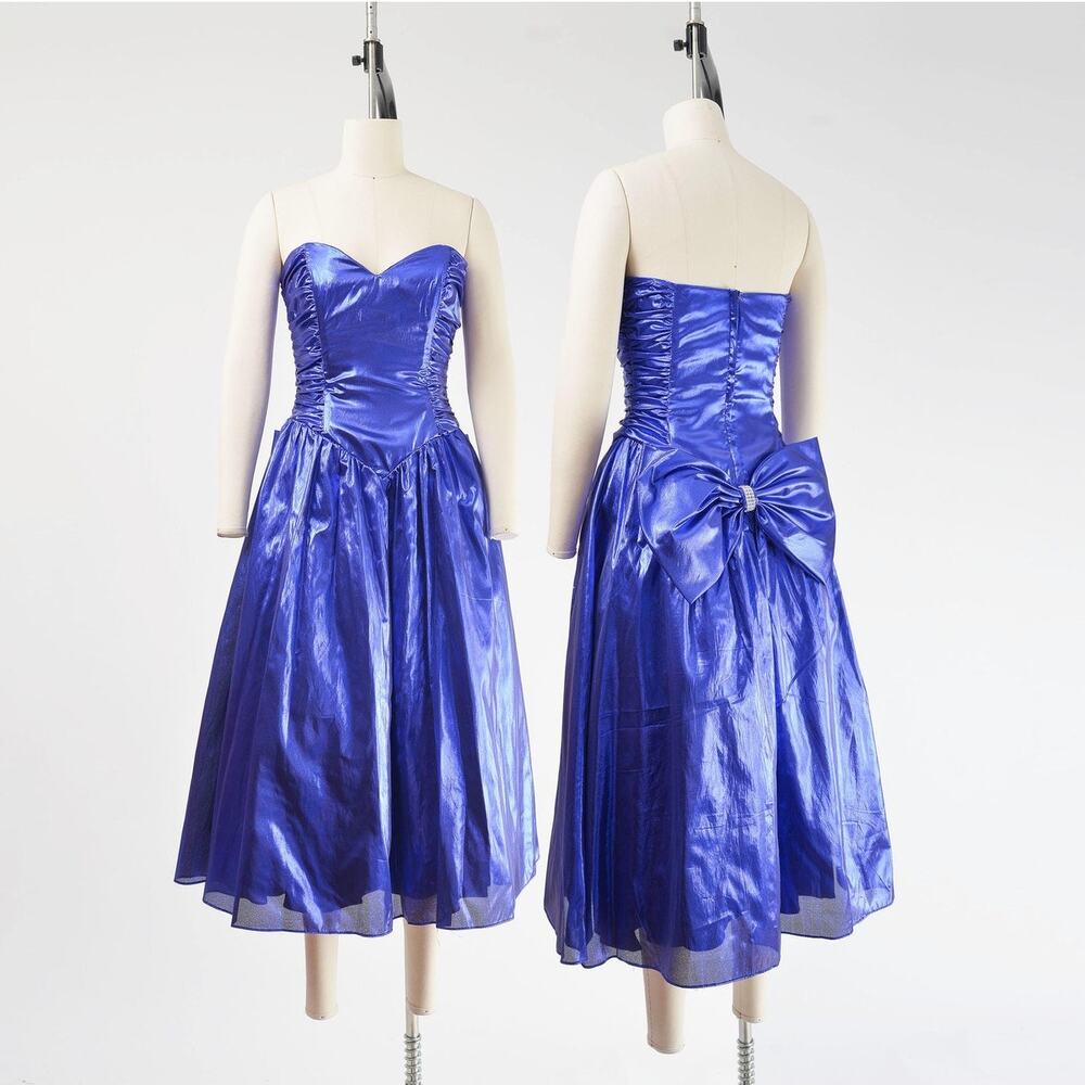 Vintage 80s Blue Metallic Lame Strapless Prom Party Dress with Bow size Small XS